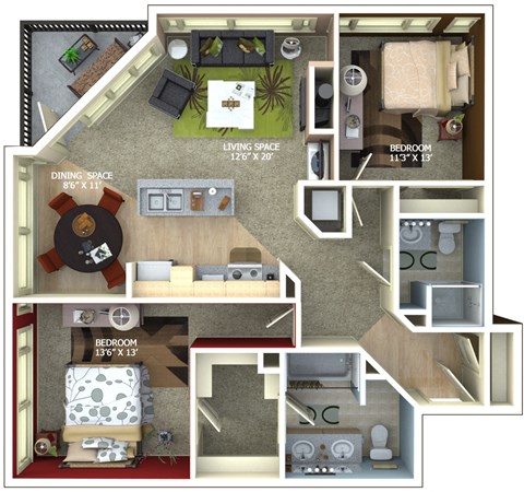 Floor plan for 2 beds, 2 baths, 1232 sqft