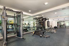 El Monte apartment for rent - fully stocked fitness center with weight rack in apartment in El Monte at Aston at Gateway apartments
