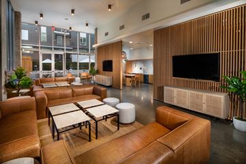 Los Angeles apartment for rent - A modern living room with brown leather furniture and a flat screen TV mounted on a wooden wall.
