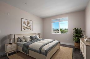 Murrieta apartment for rent - A bedroom with a large bed and a window overlooking a street.