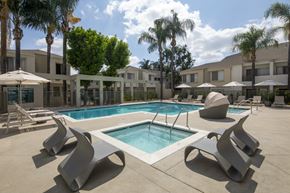 Pomona apartment for rent - A pool surrounded by palm trees and a building.
