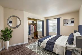 Woodland Hills apartment for rent - A bedroom with a bed, a mirror, a plant, and a wardrobe.