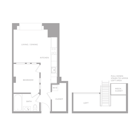Floor plan for 1 bed, 1 bath, 750 sqft