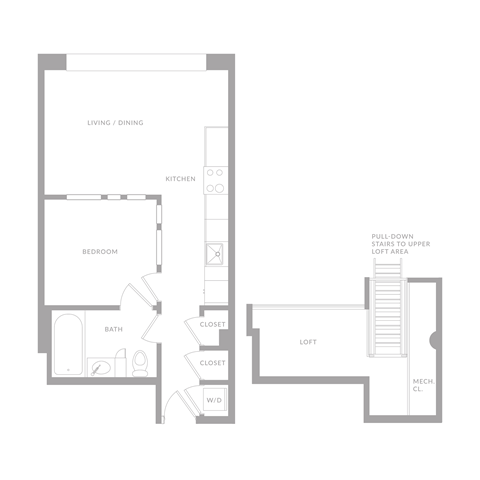Floor plan for 1 bed, 1 bath, 750 sqft