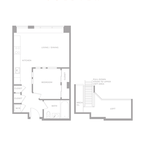Floor plan for 1 bed, 1 bath, 750 sqft