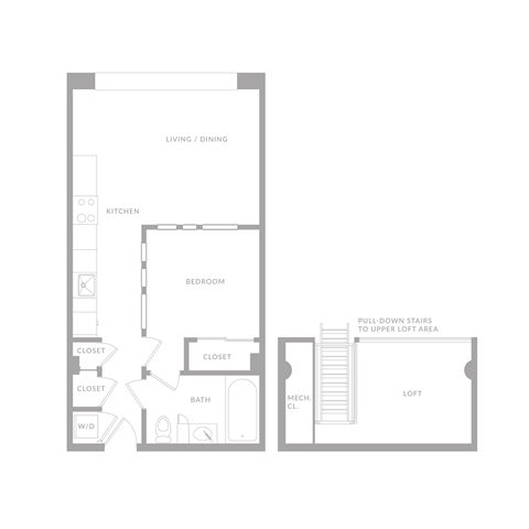 Floor plan for 1 bed, 1 bath, 750 sqft