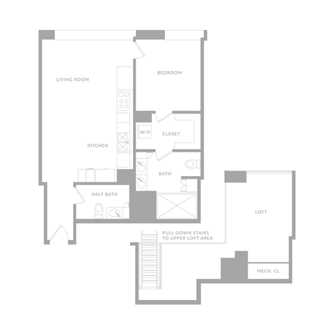 Floor plan for 1 bed, 1 bath, 950 sqft