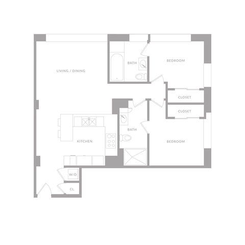 Floor plan for 2 beds, 2 baths, 1100 sqft