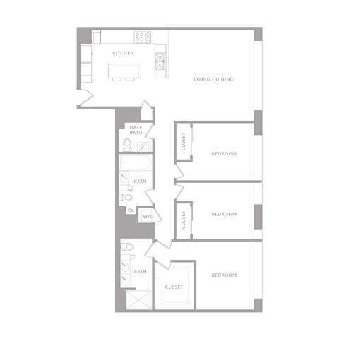 Floor plan for 3 beds, 2 baths, 1500 sqft