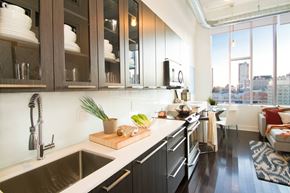 Philadelphia apartment for rent - A kitchen with a view of the city.