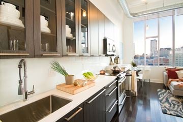 Philadelphia apartment for rent - A kitchen with a view of the city.