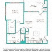 Floor plan for 1 bed, 1 bath, 753 sqft