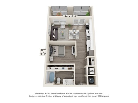 Floor plan for studio, 1 bath, 729 sqft