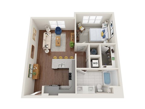 Floor plan for 1 bed, 1 bath, 738 sqft
