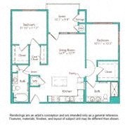 Floor plan for 2 beds, 2 baths, 957 sqft