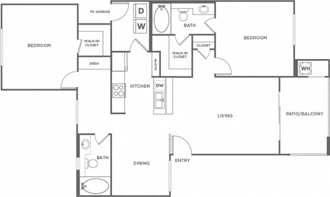 Floor plan for 2 beds, 2 baths, 1146 sqft