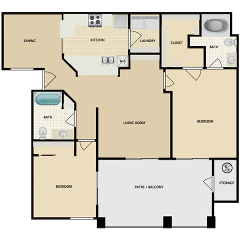 Floor plan for 2 beds, 2 baths, 1137 sqft