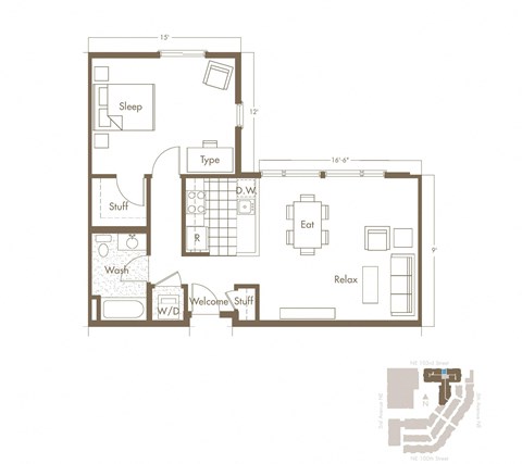 Floor plan for 1 bed, 1 bath, 791 sqft