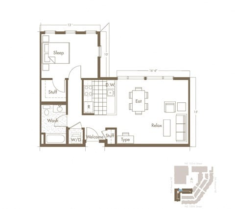 Floor plan for 1 bed, 1 bath, 740 sqft