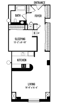 Floor plan for 1 bed, 1 bath, 905 sqft
