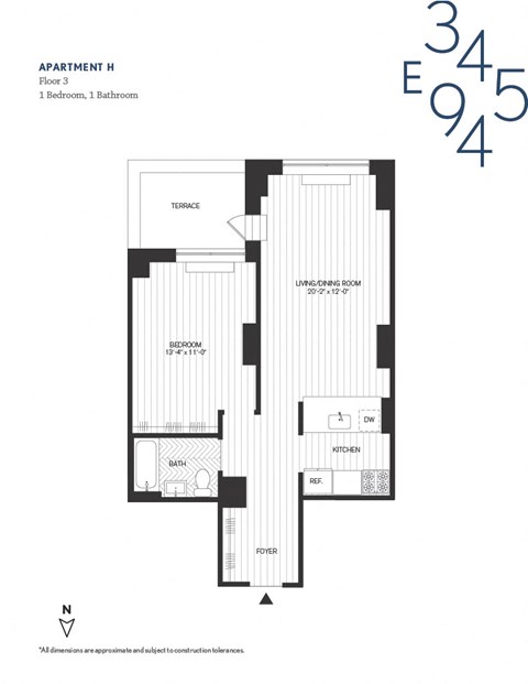Floor plan for 1 bed, 1 bath, 695 sqft