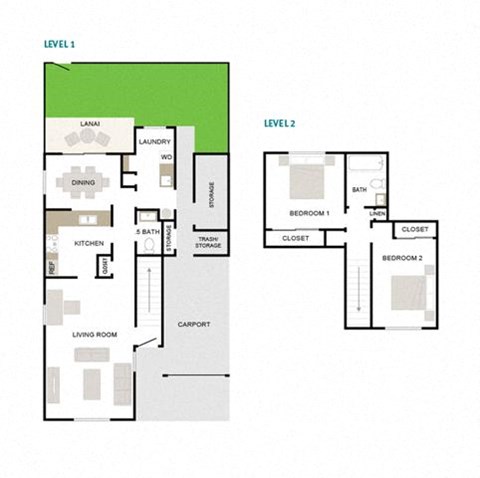 Floor plan for 2 beds, 1.5 baths, 1126 sqft