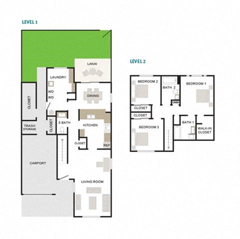 Floor plan for 3 beds, 2.5 baths, 1402 sqft