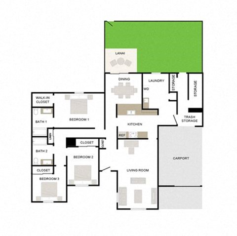 Floor plan for 3 beds, 2 baths, 1475 sqft