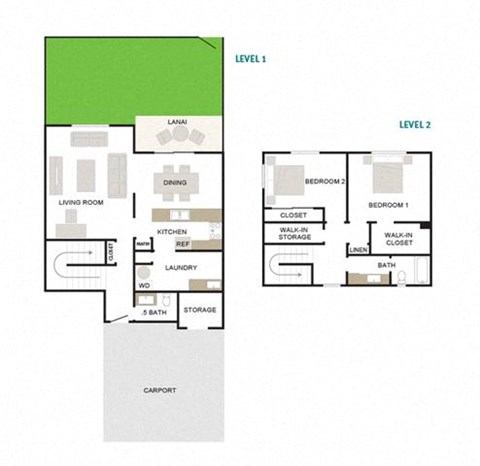 Floor plan for 2 beds, 1.5 baths, 1267 sqft