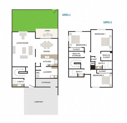 Floor plan for 3 beds, 2.5 baths, 1504 sqft