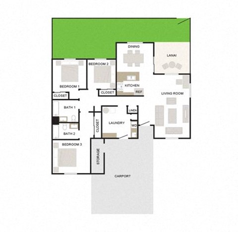 Floor plan for 3 beds, 2 baths, 1453 sqft