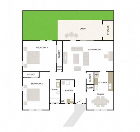 Floor plan for 2 beds, 1 bath, 1168 sqft