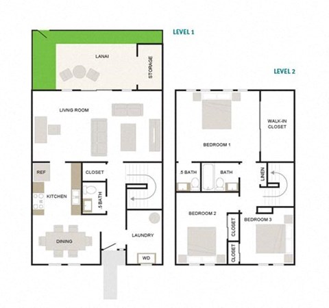 Floor plan for 3 beds, 2.5 baths, 1368 sqft