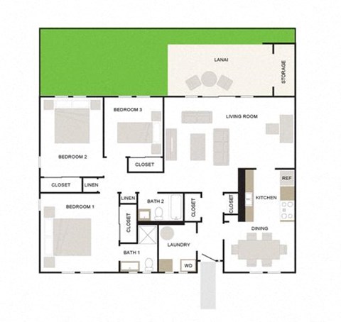 Floor plan for 3 beds, 1.5 baths, 1203 sqft