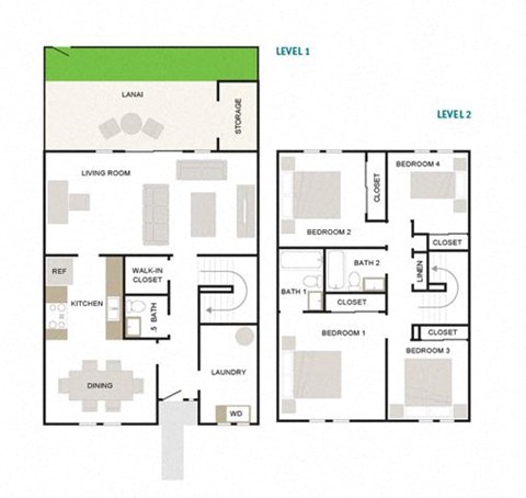 Floor plan for 4 beds, 2.5 baths, 1535 sqft