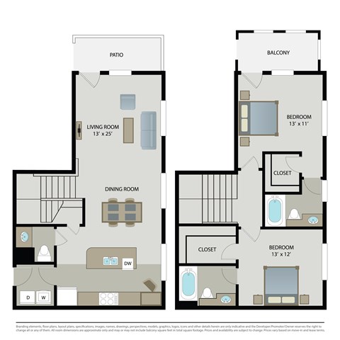 Floor plan for 2 beds, 2.5 baths, 1117 sqft