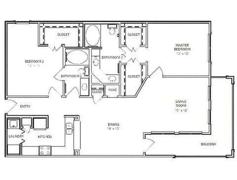 Floor plan for 2 beds, 2 baths, 1242 sqft