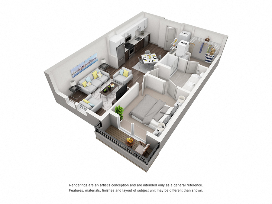 Floor plan for 1 bed, 1 bath, 674 sqft