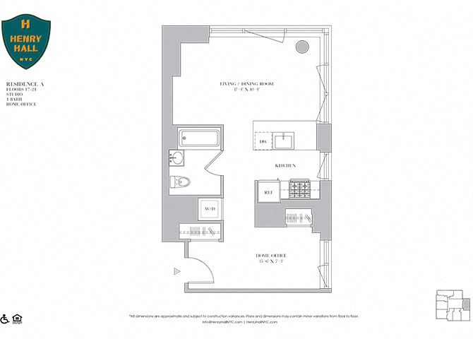 Floor plan for studio, 1 bath, 599 sqft