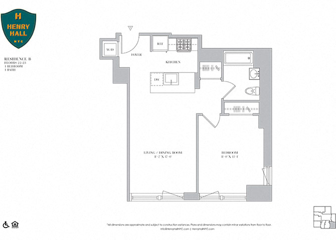 Floor plan for 1 bed, 1 bath, 678 sqft