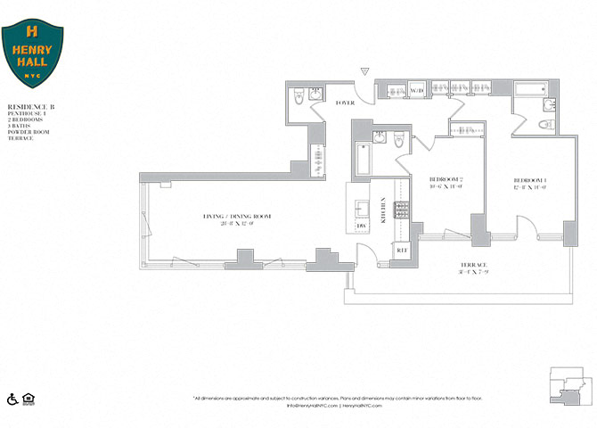 Floor plan for 2 beds, 3 baths, 1303 sqft