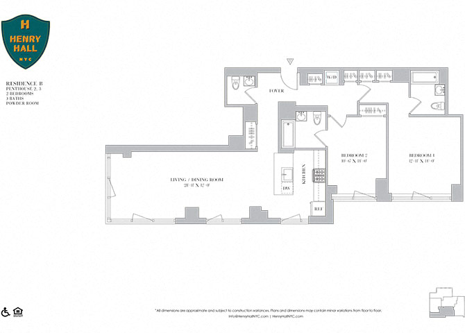 Floor plan for 2 beds, 2.5 baths, 1303 sqft
