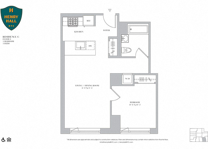 Floor plan for 1 bed, 1 bath, 622 sqft