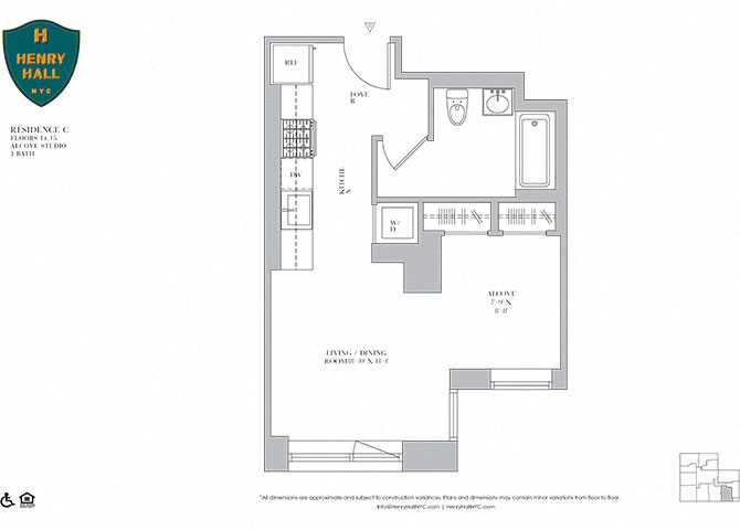 Floor plan for studio, 1 bath, 494 sqft