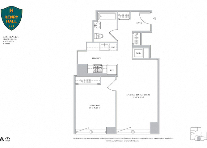 Floor plan for 1 bed, 1 bath, 654 sqft