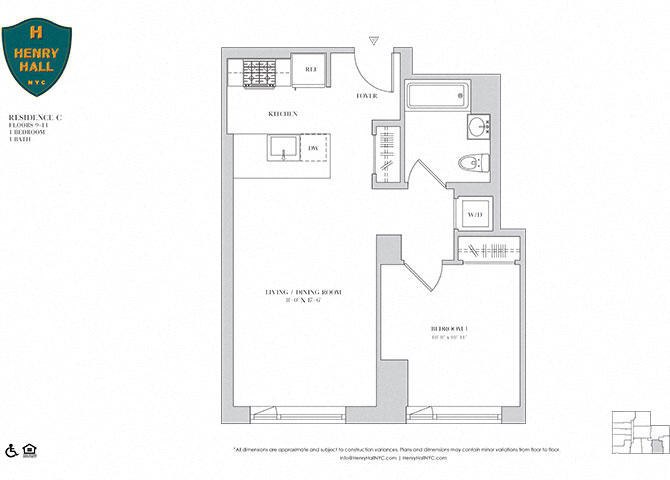 Floor plan for 1 bed, 1 bath, 617 sqft