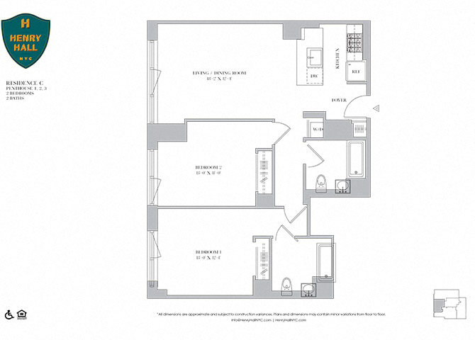 Floor plan for 2 beds, 2 baths, 997 sqft