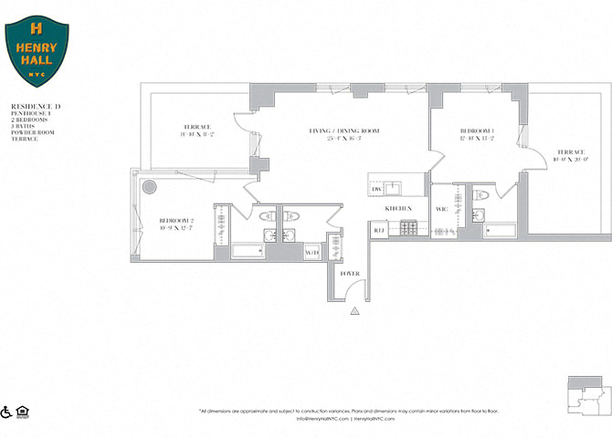 Floor plan for 2 beds, 2.5 baths, 1256 sqft