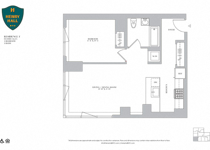 Floor plan for 1 bed, 1 bath, 752 sqft