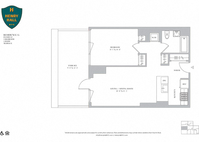 Floor plan for 1 bed, 1 bath, 691 sqft